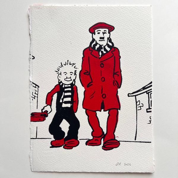 Oor Wullie and his da walk to the football