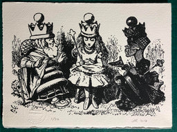 Alice meets the two queens. Black and white. From a pen and ink drawing by John Tenniel.