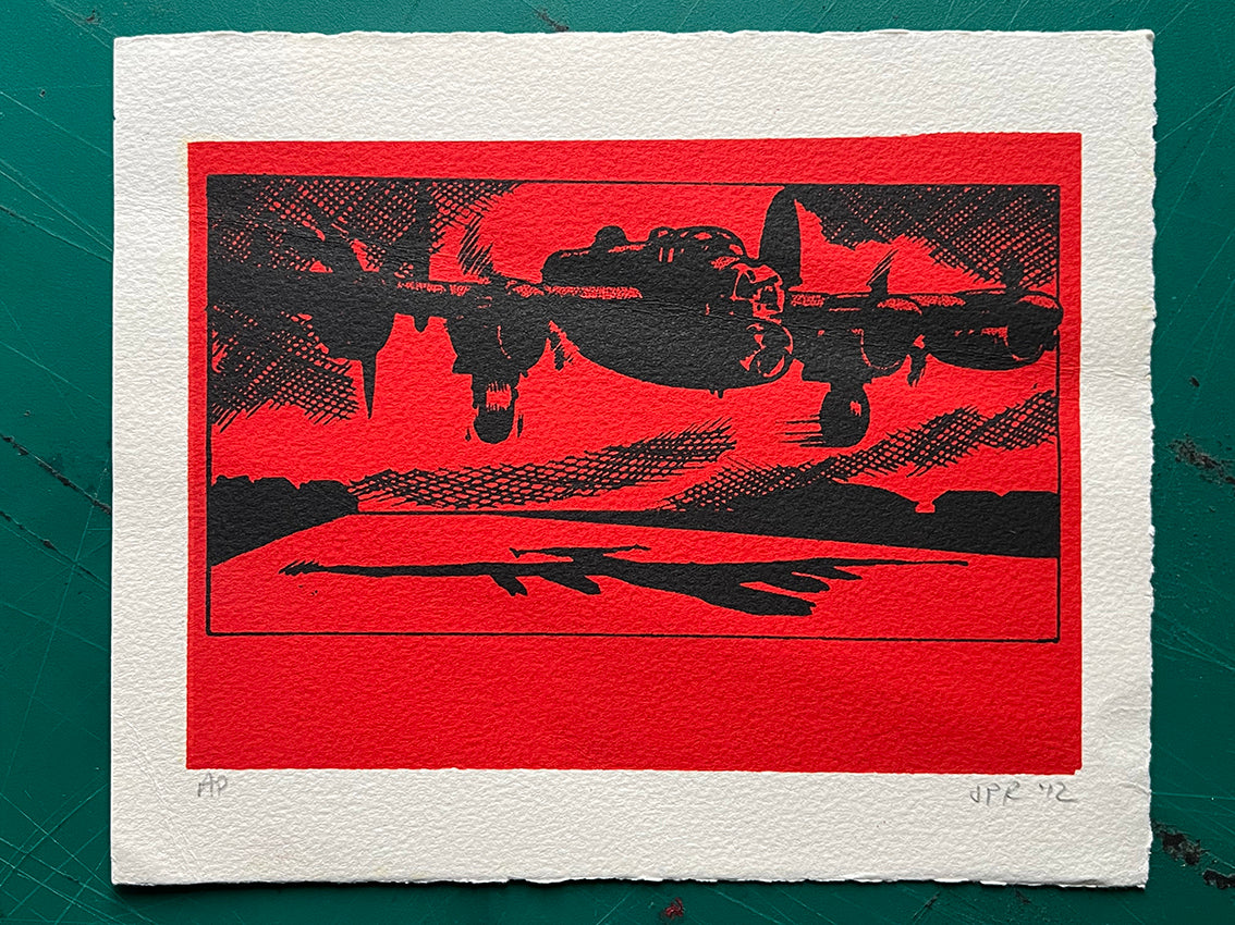 An raf lancaster bomber takes off on a red background and throws a silhouette on the ground. 