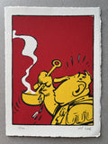 Cartoon character with a bowl and spoon on a red background