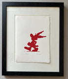 A character with a winged helmet, Asterix himself, strolls in red silhouette on a white background