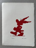 A character with a winged helmet, Asterix himself, strolls in red silhouette on a white background