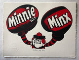 A framed screen print of Minnie the Minx from the comic 'The Beano', wearing enormous boxing gloves and a snarling face. The words Minnie the Minx are written on the gloves