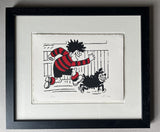 Dennis in his red and black football jersey runs in front of a fence, with gnasher by his side