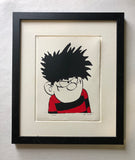 Dennis the Menace from the Beano comic in spikey hair and red and black jersey glares.