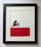 Dennis the menace runs happily on a bar of red ink. From the Beano