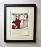 Dennis the menace is held by the arm by his dad and taken to an art musuem. From the beano comic