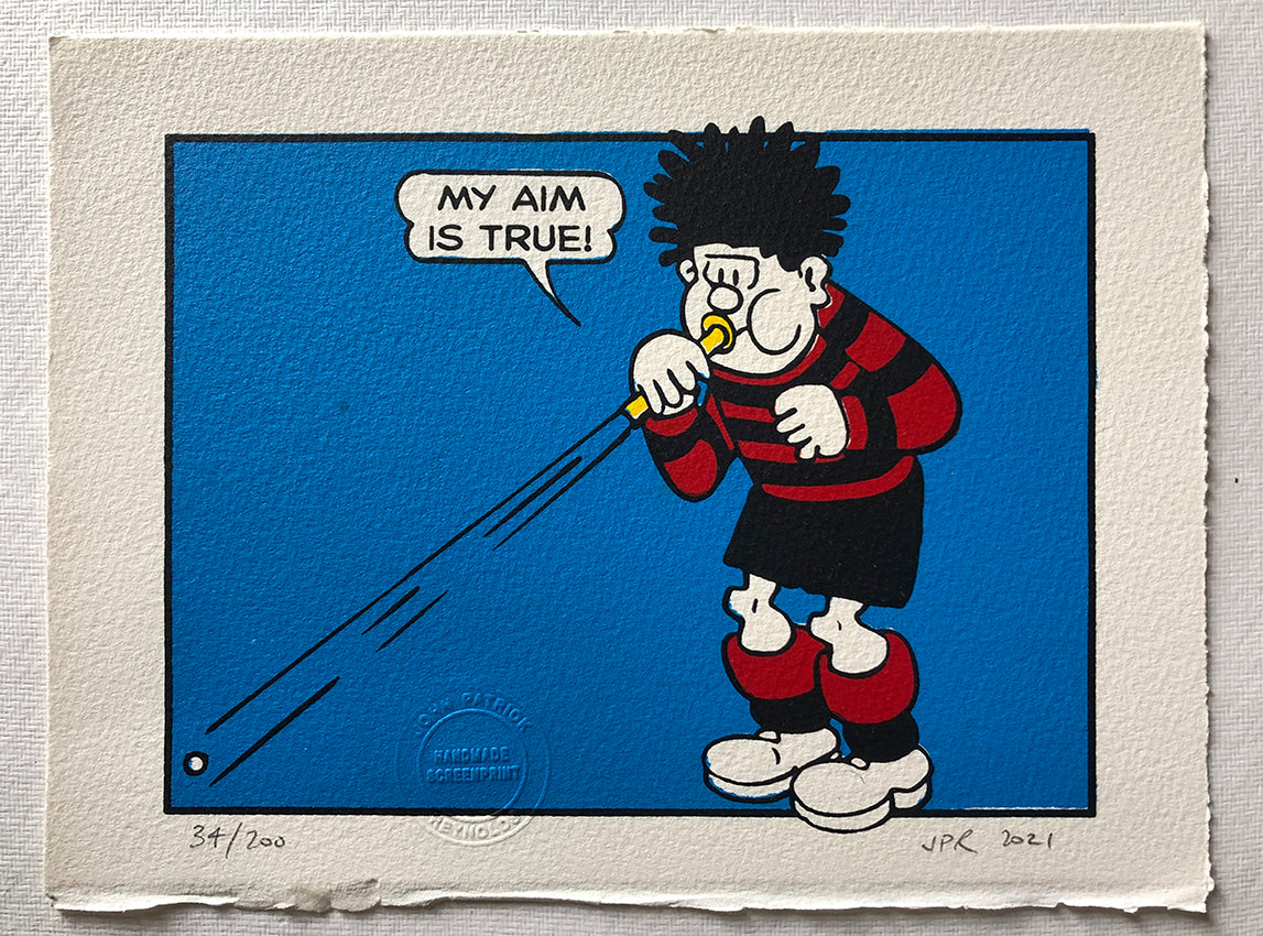 Dennis the menace shoots his peashooter and says: my aim is true, a quote from elvis costello. Blue background