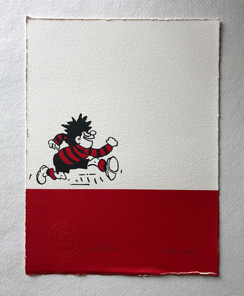 Dennis the menace runs happily on a bar of red ink. From the Beano