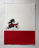 Dennis the menace runs happily on a bar of red ink. From the Beano