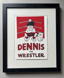 Dennis the menace, in his football strip, sits in the corner of a boxing ring, with his arms crossed, glowering.The background is red

