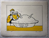 Handmade screen print of Desperate Dan in a yellow shirt and trilby hat eating large size cow pie, with horns in the crust.