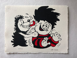Gnasher lavishes affection on Dennis the menace by licking him. From the beano comic