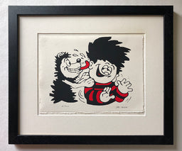 Gnasher lavishes affection on Dennis the menace by licking him. From the beano comic