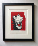 Gnasher from the Beano comic grins and shows off his enormous teeth. On red background. 