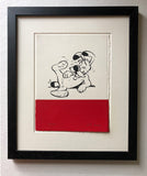 Dogmatix from the Asterix comic series, laughs and rolls about. On a band of red ink