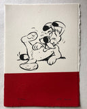 Dogmatix from the Asterix comic series, laughs and rolls about. On a band of red ink