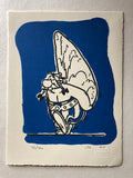 Obelix carries his menhir (a big rock) on his back. He wears blue striped trousers. On a blue background