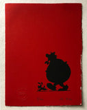 A red screenprint featuring the silhouettes of Asterix characters Obelix and Dogmatix. He's lumbering. Dogmatix scampers