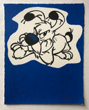 A grumpy Dogmatix holds his head in his paws and looks baleful. Black ink on blue background.