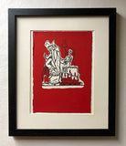 The druid Getafix stands by his cauldron on a log fire and brews his magic potion. He wears a red cape. Red background