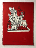 The druid Getafix stands by his cauldron on a log fire and brews his magic potion. He wears a red cape. Red background