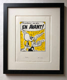 Asterix leads the charge with battle cry En Avant. Black ink on yellow background. Screenprint on cotton paper 