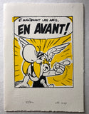 Asterix leads the charge with battle cry En Avant. Black ink on yellow background. Screenprint on cotton paper 