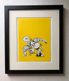 A puzzled Asterix says Eh? Black ink on yellow background. Screenprint on cotton paper milled in Somerset, England