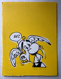 A puzzled Asterix says Eh? Black ink on yellow background. Screenprint on cotton paper milled in Somerset, England
