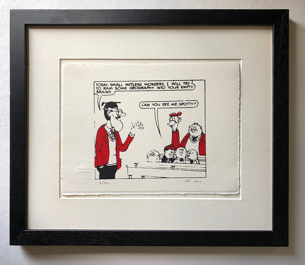 Teacher, in a red blazer, tells the Bash Street Kids that he will try to ram some geography into their brains. They ignore him