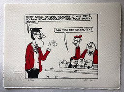Teacher, in a red blazer, tells the Bash Street Kids that he will try to ram some geography into their brains. They ignore him