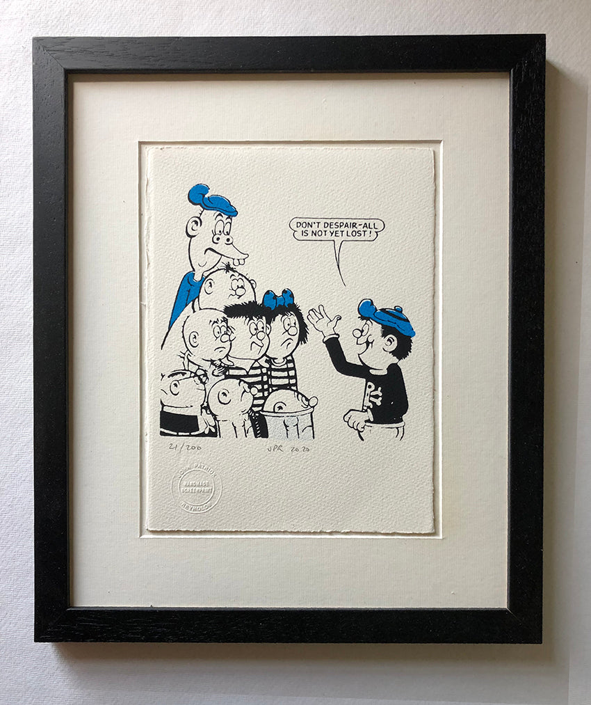 Danny in a blue cap tells the rest of the Bash Street Kids not to despair. But they look glum. From The Beano comic