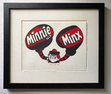 A framed screen print of Minnie the Minx from the comic 'The Beano', wearing enormous boxing gloves and a snarling face. The words Minnie the Minx are written on the gloves