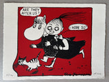 Two Moomin characters - Moomintroll and Mymble – run away from their pursuers, but hope they'll get caught. They are in black ink and there's a red background

