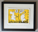 A Moomin character cavorts around on a yellow background, surrounded by flowers and declares he's in love, terribly in love
