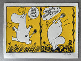 A Moomin character cavorts around on a yellow background, surrounded by flowers and declares he's in love, terribly in love
