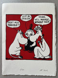 Three Moomin characters – Snork Maiden, with the fringe; Mymble, with the hair pulled up into a vertical bun; and a character I can't identify – discuss how awful men are
