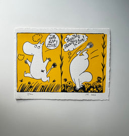 An art print featuring a two-panel cartoon illustration of Tove Jansson's Moomintroll doing somersaults on a yellow background