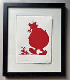 Two characters – the enormous and practically round Obelix and the scampering dog dogmatix – shown on a stroll in red silhouette