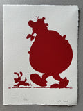 Two characters – the enormous and practically round Obelix and the scampering dog dogmatix – shown on a stroll in red silhouette
