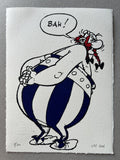 Cartoon character - obelix - in blue striped trousers holds his hands behind his back and says bah