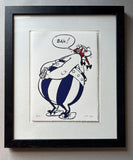 Framed illustration of a cartoon character with a speech bubble saying 'BAH!' on a white background.