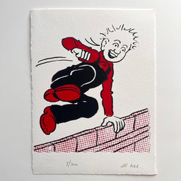 Oor Wullie gleefully vaults a wall