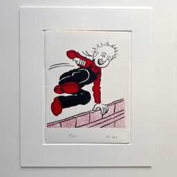Oor Wullie gleefully vaults a wall