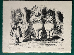 Alice meets tweedle dee and tweedle dum. Black and white. From a pen and ink drawing by John Tenniel. 