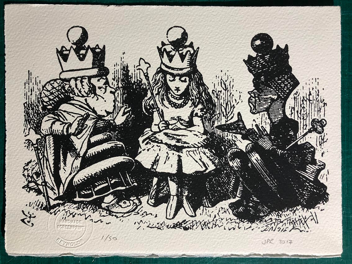 Alice meets the two queens. Black and white. From a pen and ink drawing by John Tenniel. 