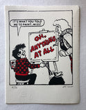 Roger The Dodger, from the Beano, wears a red and black jumper. He cheeks his art teacher: he has painted "Oh anything at all"