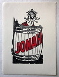 Handmade screen print on cotton paper featuring the character Jonah from The Beano. Jonah is written on the barrel.