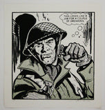 A British soldier in a green tunic and metal helmet has a grenade in each  hand and says: This looks like a job for a couple of grenades. From The Victor comic. Approved by publisher DC Thomson 